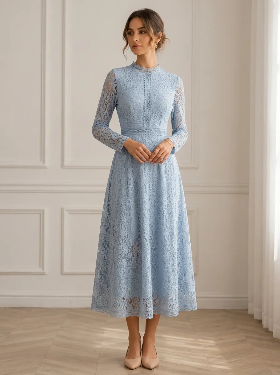 Women's Elegant Vintage Light Blue Floral Lace Printed Midi Dress