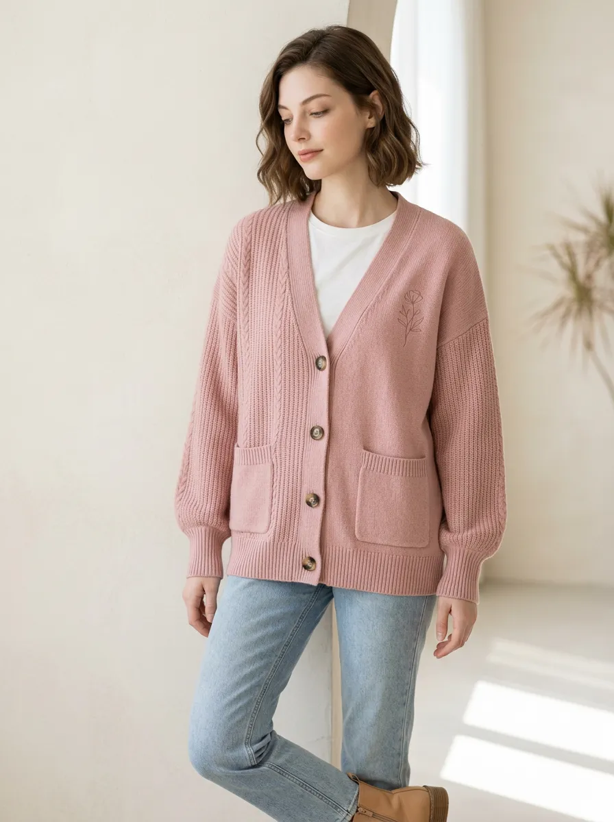 Women's Minimalist Floral Embroidered Pink Cable Knit Cardigan