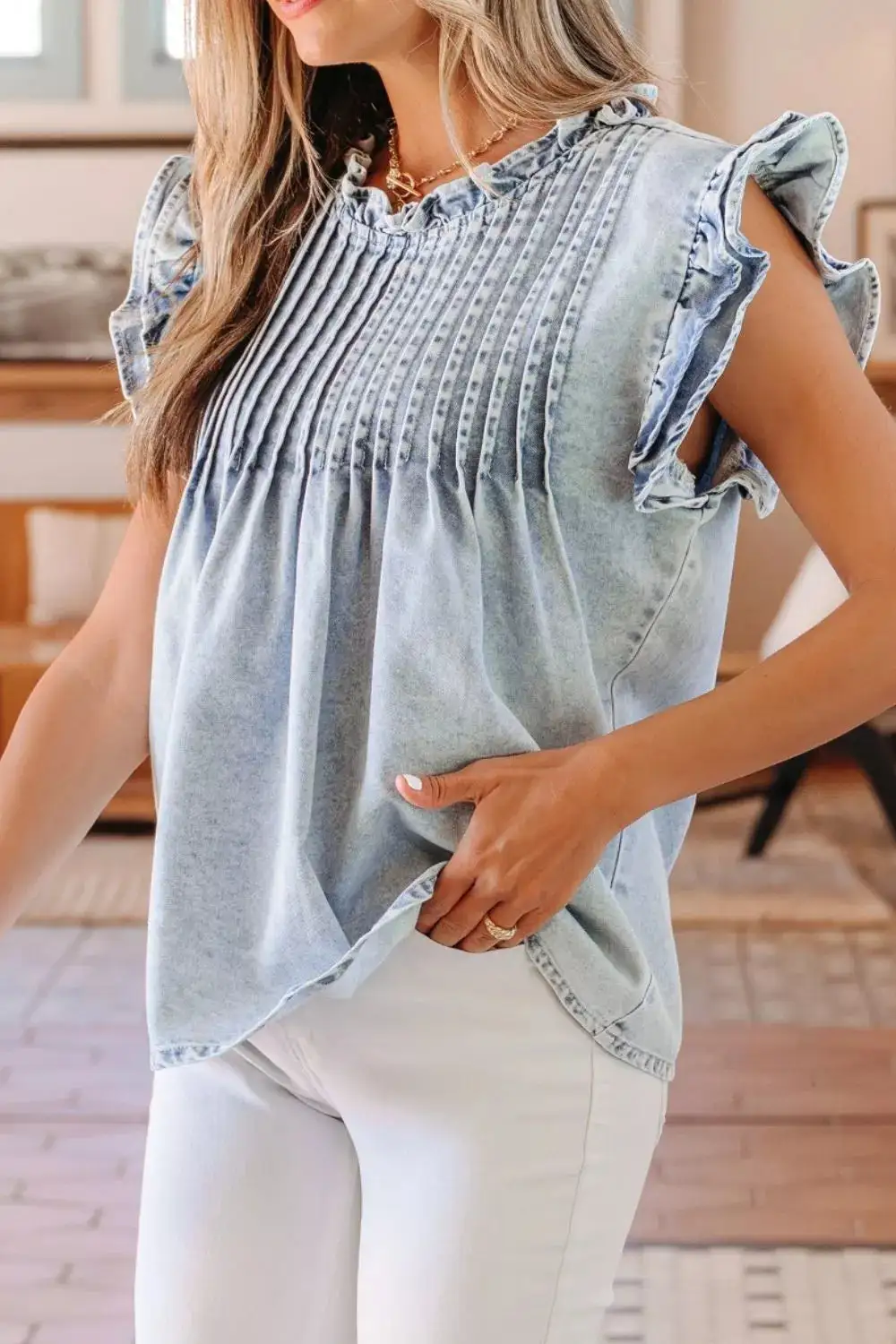 Ruffle Pleated Detail Vintage Washed Top