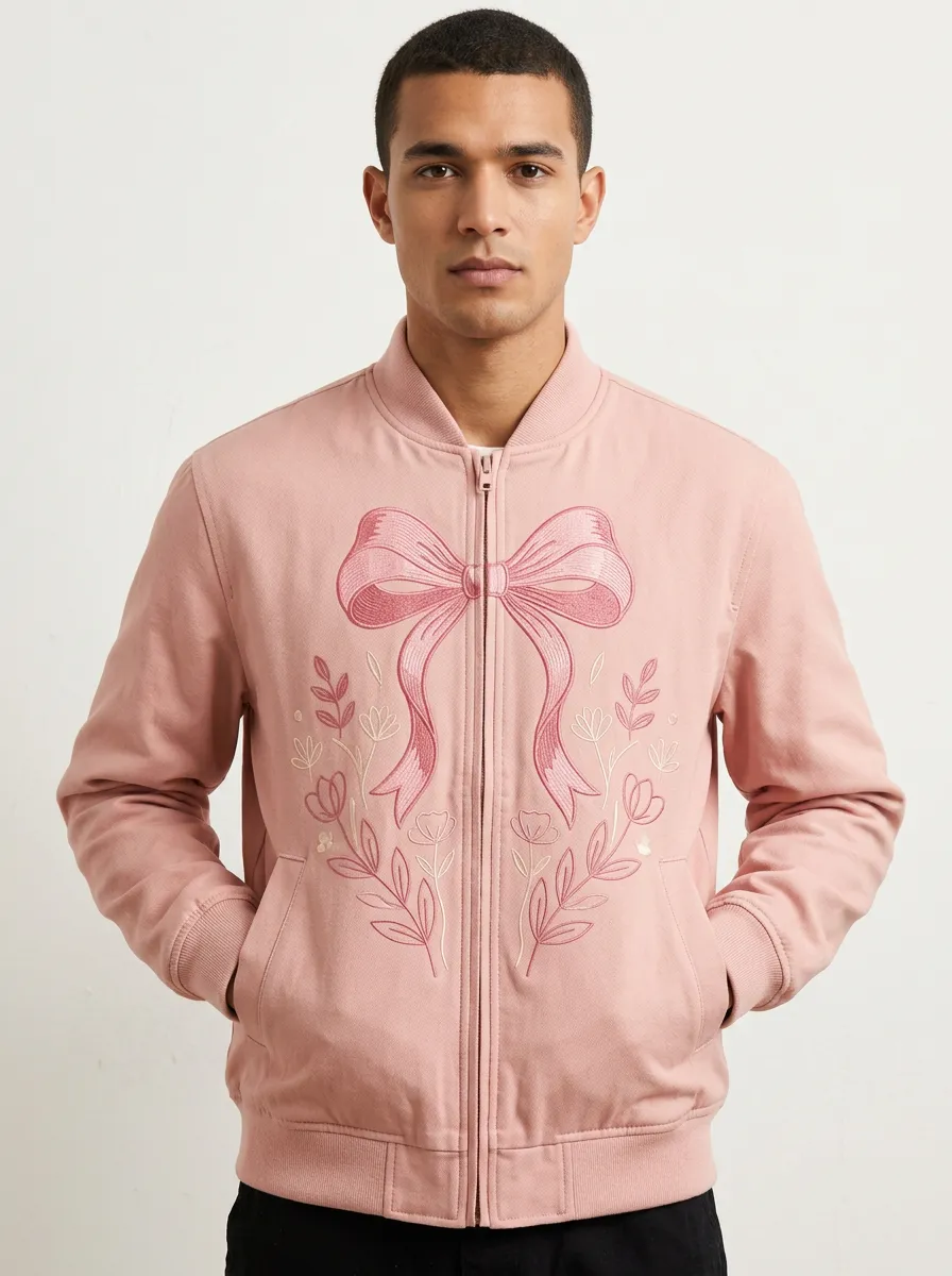 Unisex Pink Bow Ribbon Floral Embroidered Zip-Up Bomber Jacket