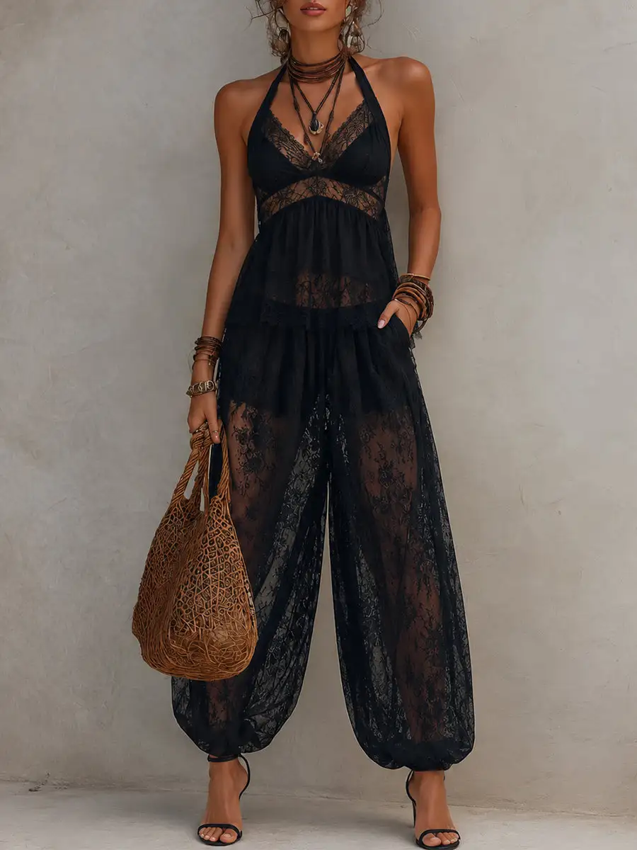 Boho Halter-Neck Lace-Paneled Vest & Balloon Pants Set