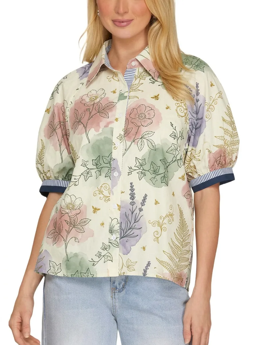 Women's Botanical Garden Floral Bee Printed Puff Sleeve Shirt