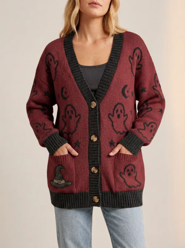 Women's Halloween Ghost Witch Hat Pattern Knitted Cardigan
