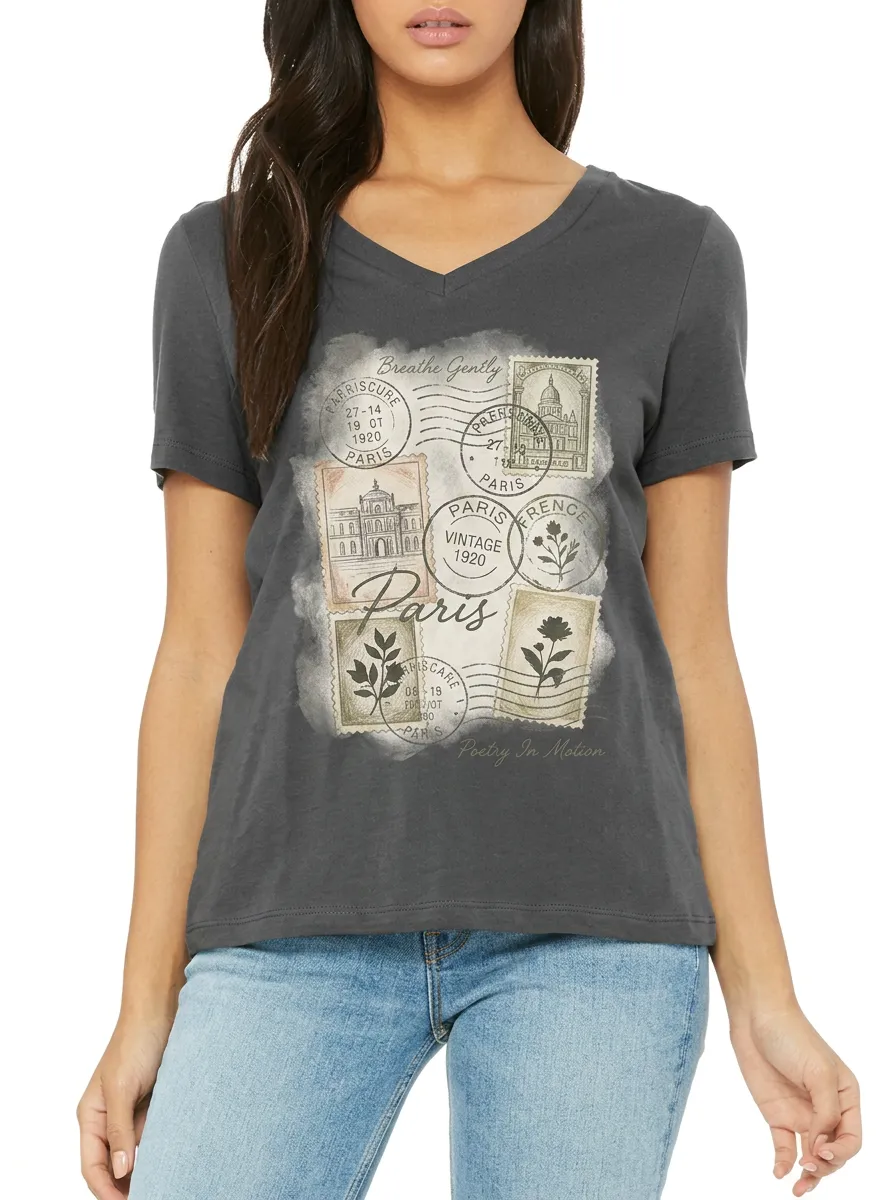 Women's Paris Travel Lover Vintage Stamp Printed V-neck T-shirt