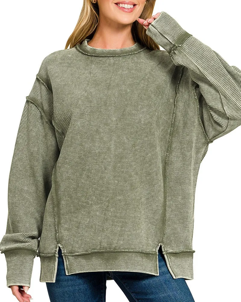 Relaxed Acid Washed Double Ribbed Exposed-Seam Sweatshirt