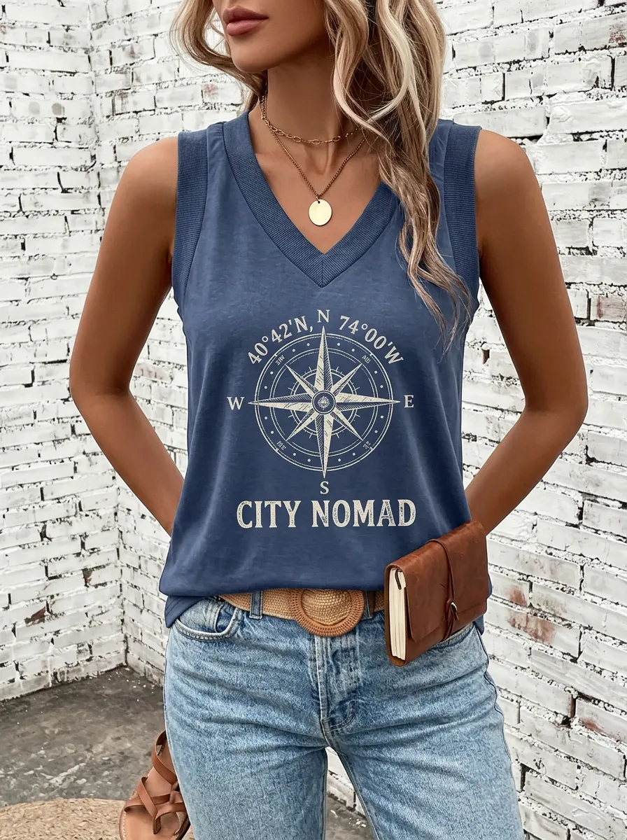 Women's Travel Adventure City Nomad Compass Printed Tank Top