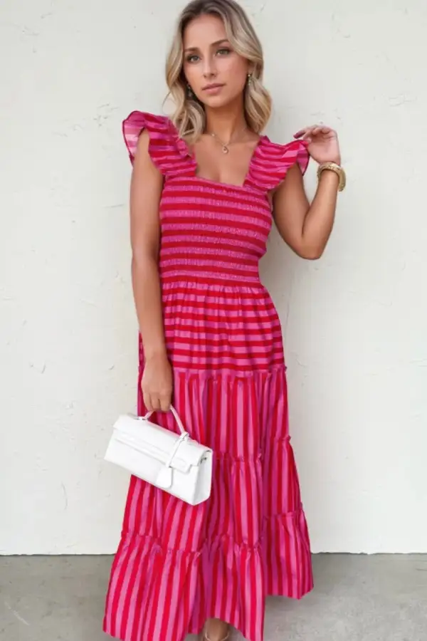 Tiered Flutter-Sleeve Striped Maxi Dress