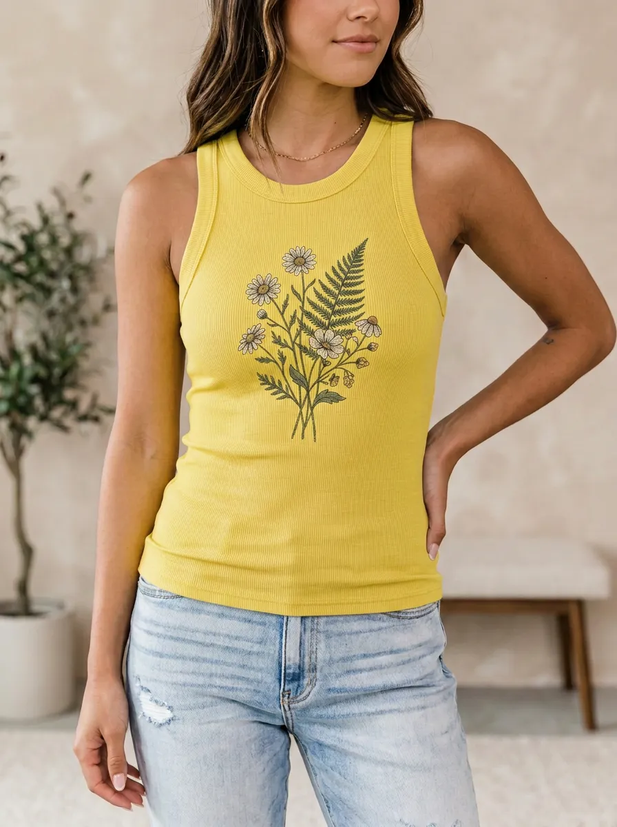 Women's Botanical Nature Lover Daisy Fern Printed Tank Top
