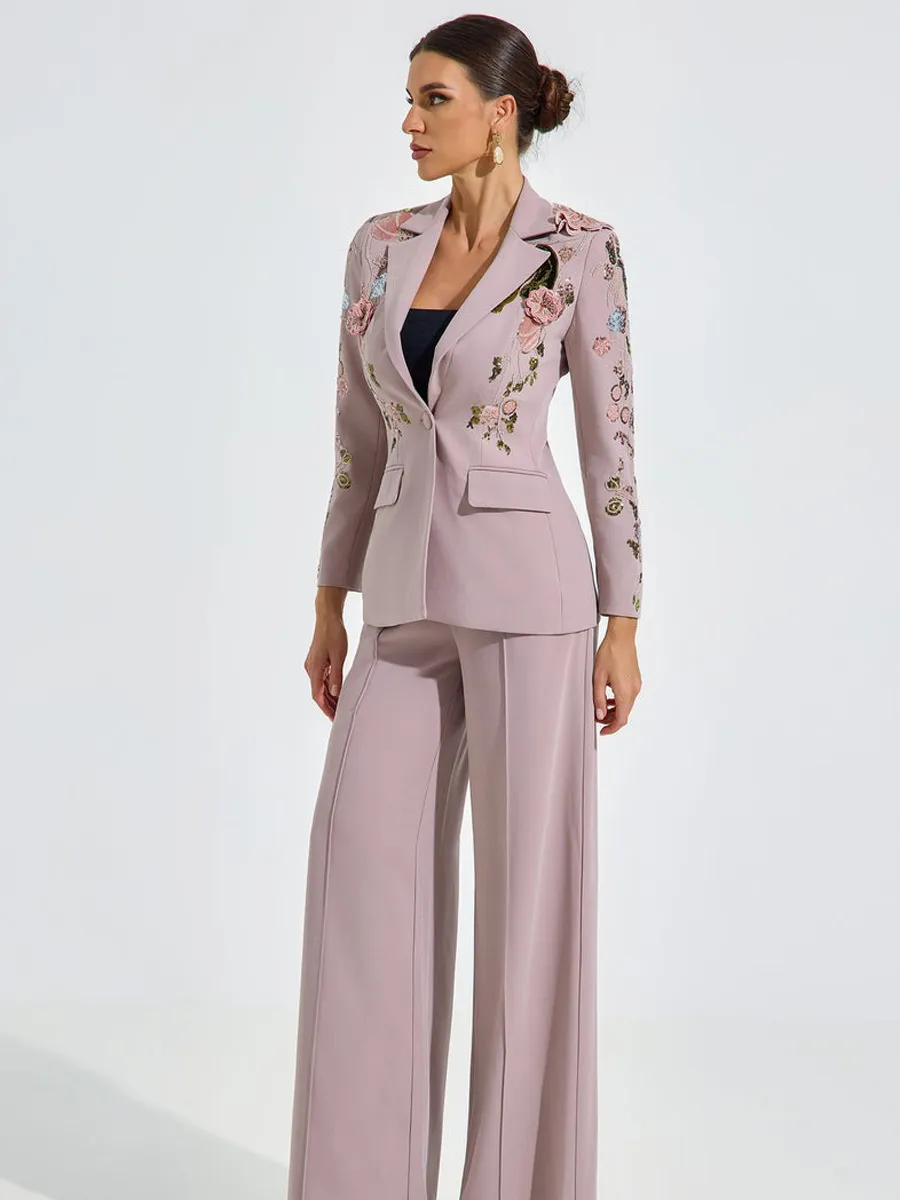 Amelia Embroidered Blush Pantsuit Set