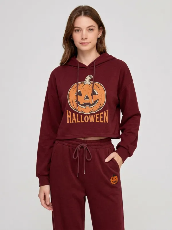Women's Halloween Pumpkin Graphic Printed Crop Hoodie Jogger Set