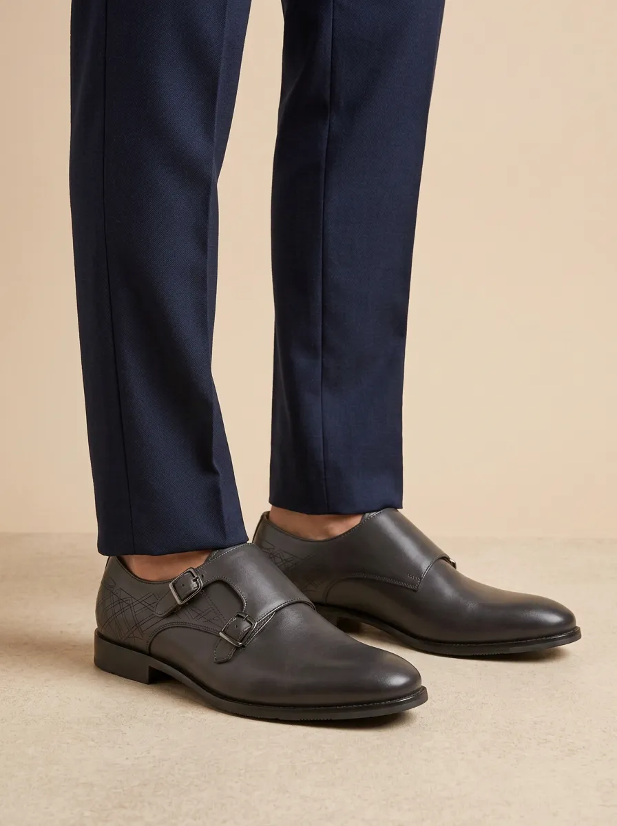 Men's Geometric Pattern Double Monk Strap Printed Leather Shoes