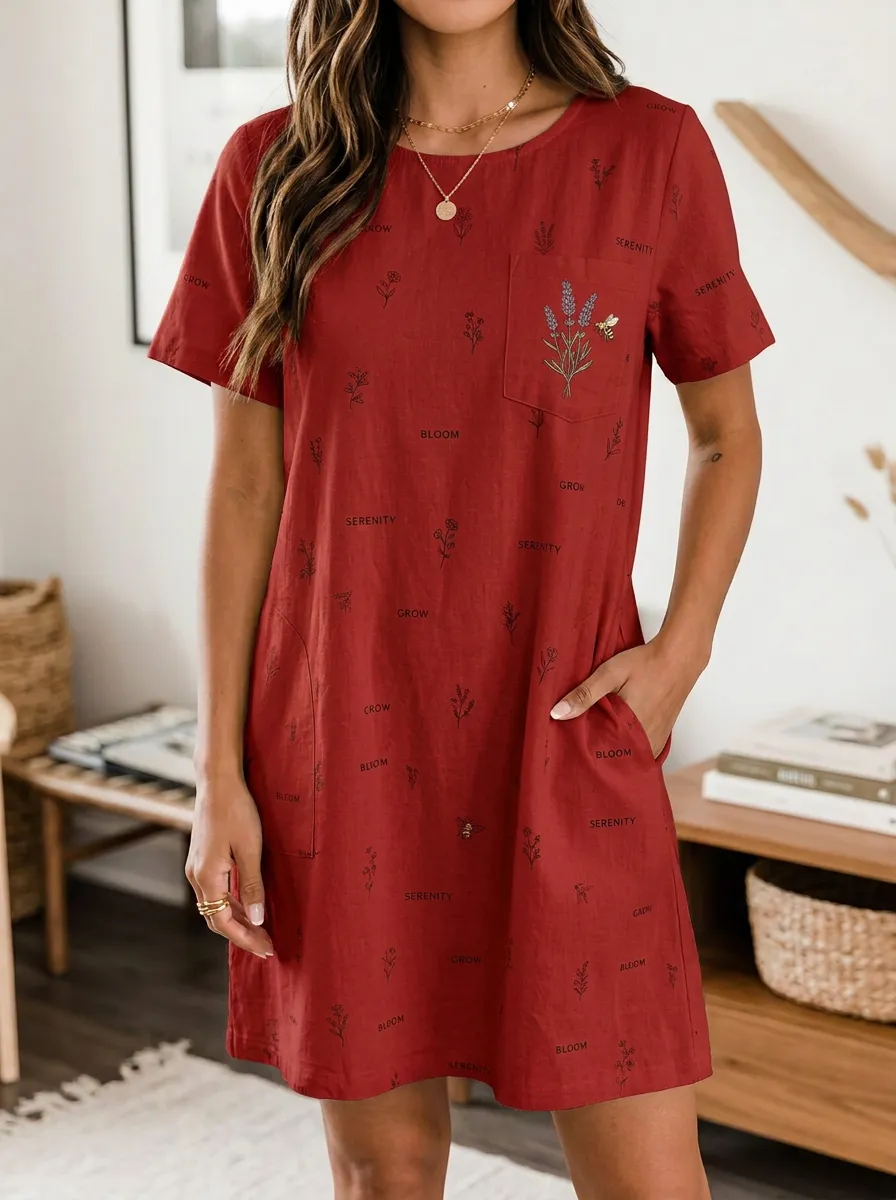 Women's Botanical Bee Floral Serenity Printed T-shirt Dress
