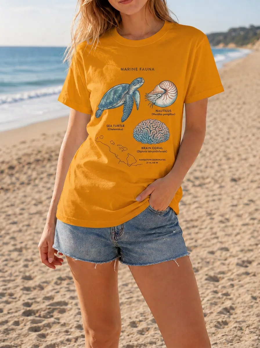 Women's Marine Biology Lover Sea Turtle Nautilus Coral Printed T-shirt