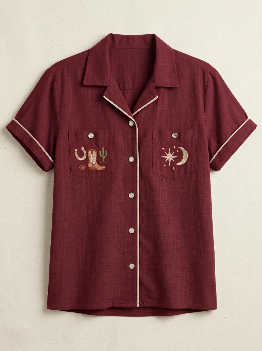 Women's Western Cowboy Boot Cactus Moon Star Embroidered Short Sleeve Shirt