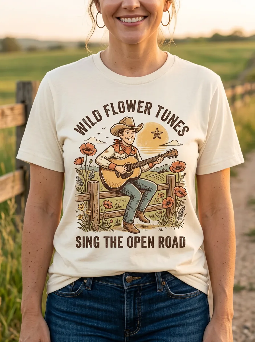 Guitar Cowboy Wildflower Country Music Crewneck T-Shirt