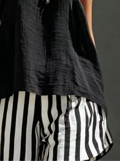 Round-Neck Striped Shorts Matching Set