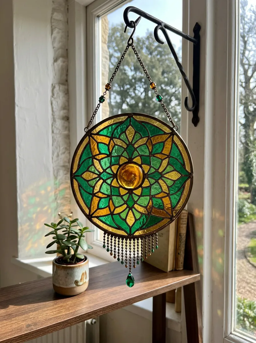 Green Yellow Mandala Stained Glass Suncatcher