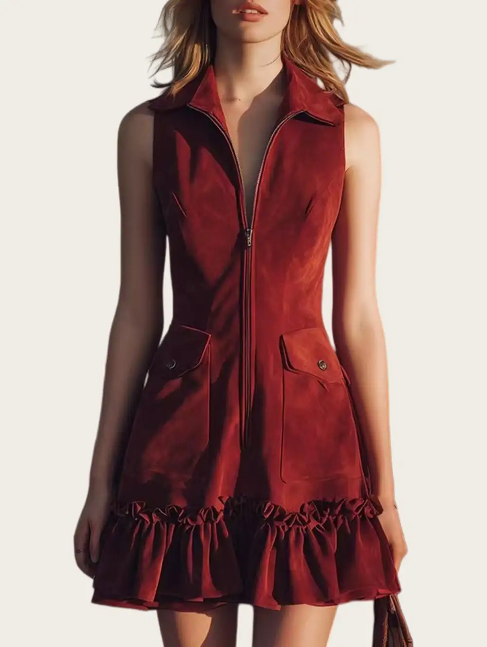 Stand Collar Ruffle Sleeveless Mini Dress