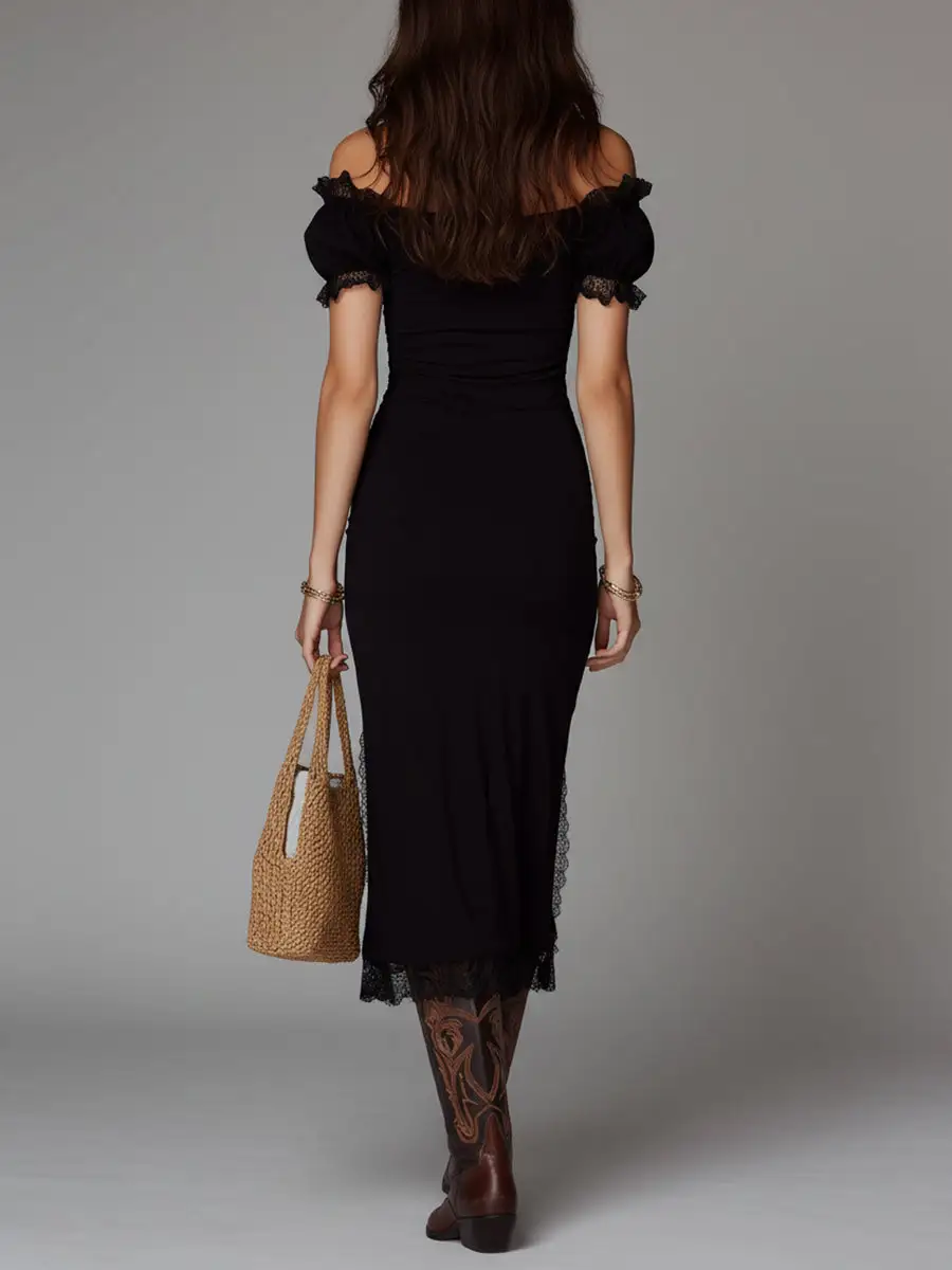Off-the-Shoulder Midi Dress With Lace-Trimmed Slit Hem