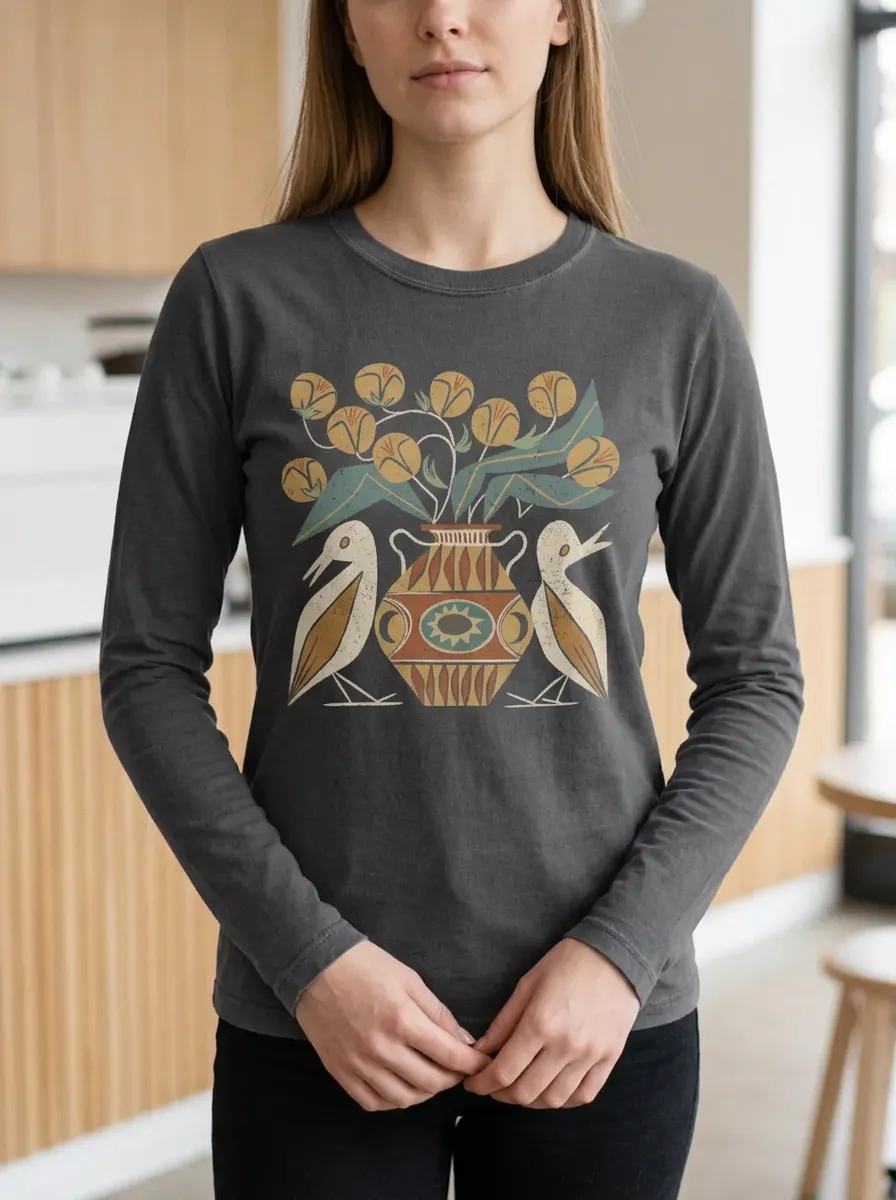 Women's Folk Art Bird and Floral Vase Printed Long Sleeve Top