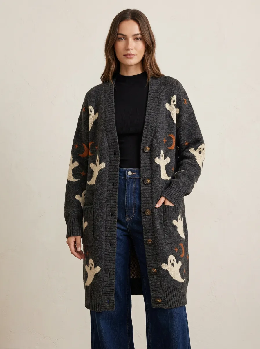 Women's Halloween Ghost Moon Pattern Printed Cardigan