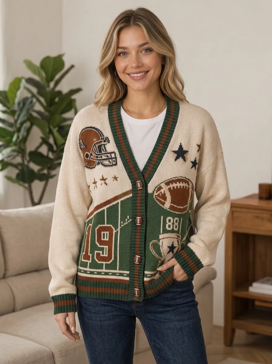Women's American Football Lover Helmet Ball Pattern Knitted Cardigan