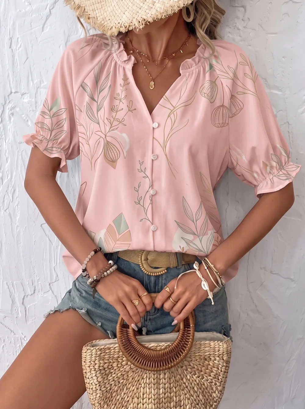 Women's Boho Botanical Floral Printed Button Up Blouse