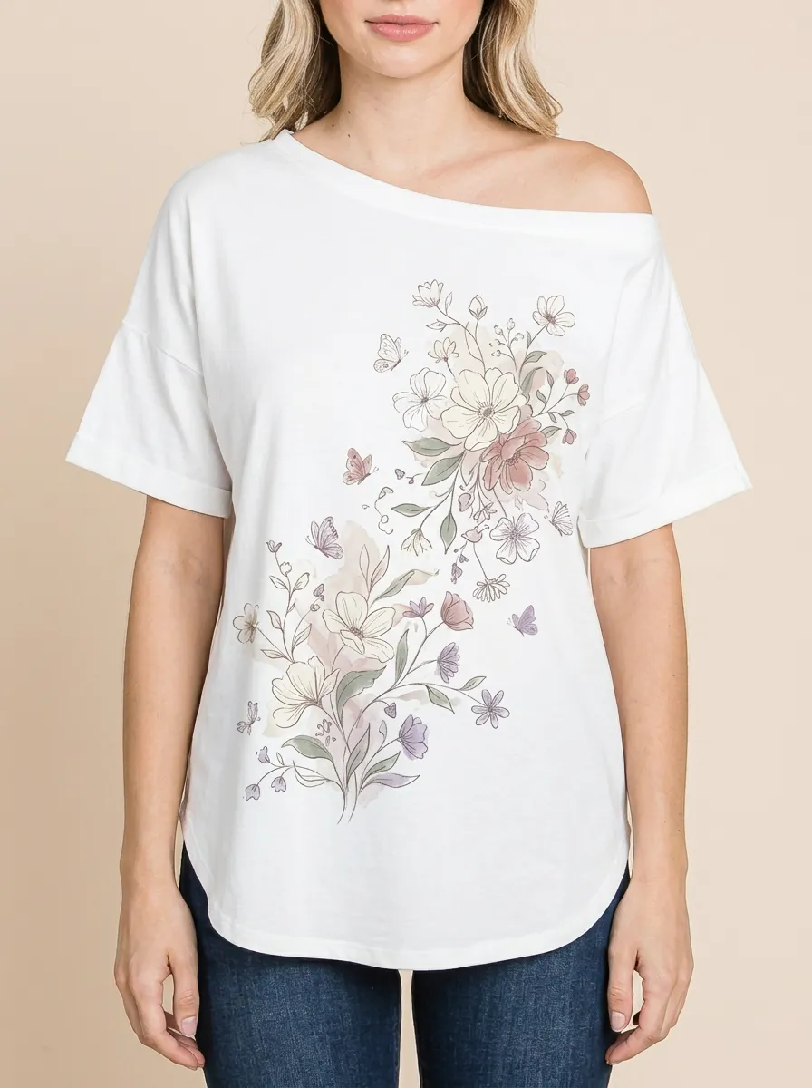 Women's Floral Butterfly Botanical Art Printed Off-Shoulder T-shirt