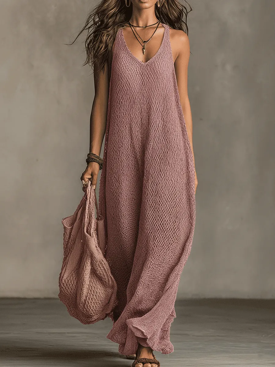 Bohemian Relaxed Sleeveless Wide-Leg Olive Knit Maxi Dress
