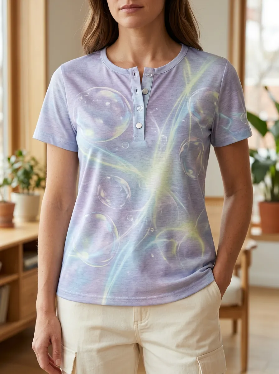 Women's Bubble Abstract Art Printed Henley T-shirt