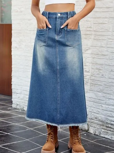 Raw Hem Buttoned Denim Skirt
