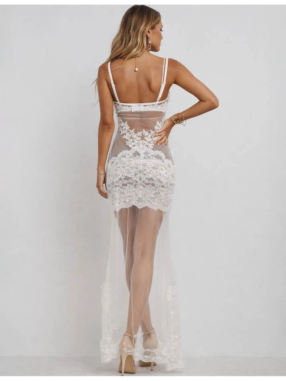 Lace Embroidery V Neck Sheer Mesh Cami Maxi Dress