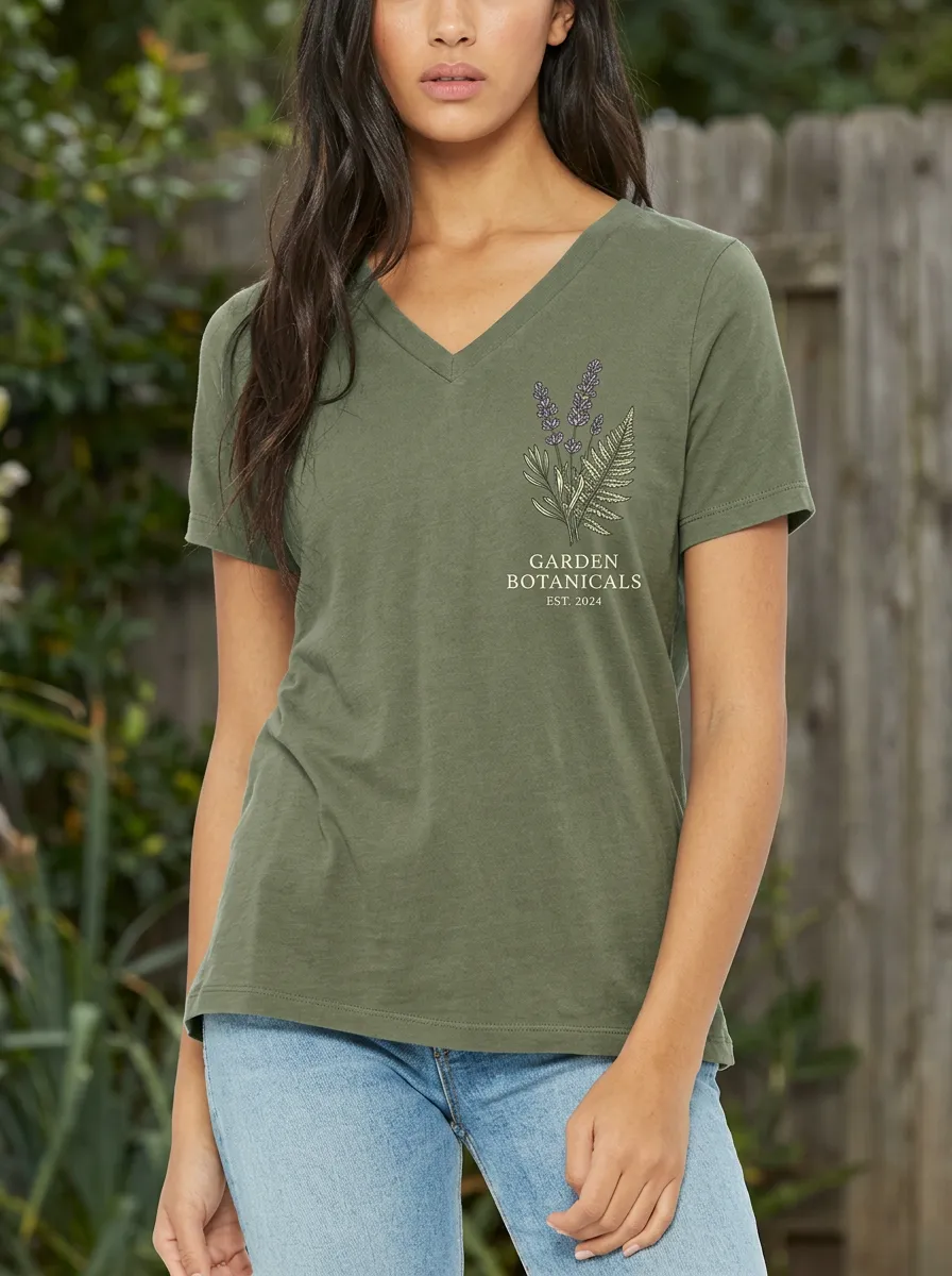 Women's Garden Botanicals Lavender Fern Printed V-Neck T-Shirt