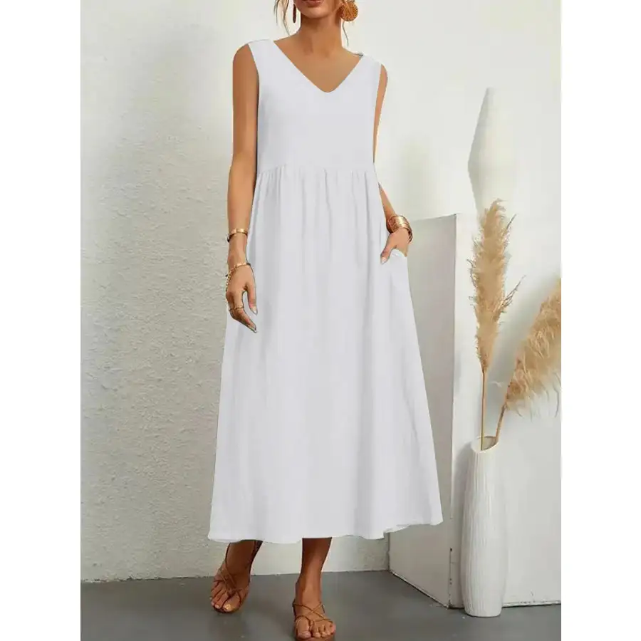 Full Size Pocketed V-Neck Sleeveless Midi Dress Plus Size