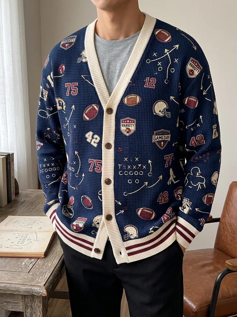 Men's American Football Varsity Pattern Printed Waffle Cardigan