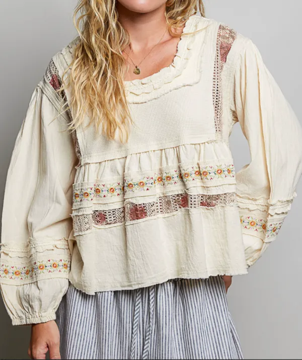 Romantic Lace Trim Tiered Square Neck Blouse