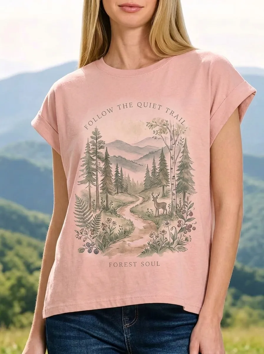Women's Nature Lover Deer Forest Trail Printed T-shirt