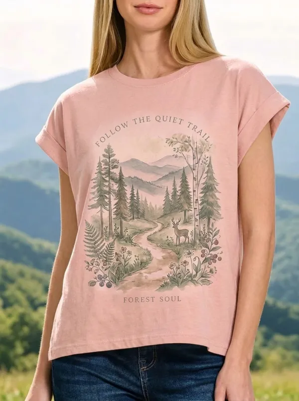 Women's Nature Lover Deer Forest Trail Printed T-shirt