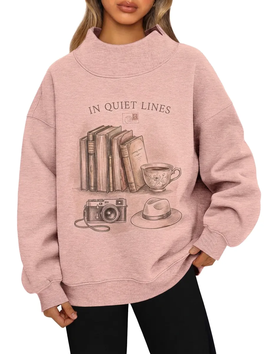 Women's Book Lover Vintage Camera Tea Printed Sweatshirt