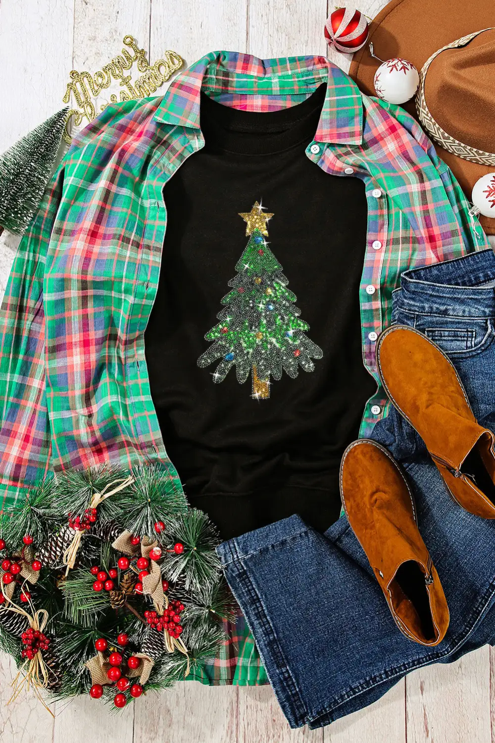 Sequined Tree Pattern Sweatshirt