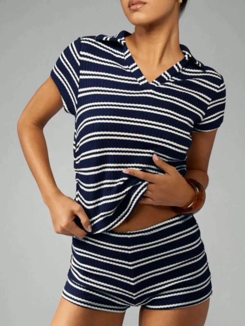 Striped Knit Short Sleeve Top Shorts Set