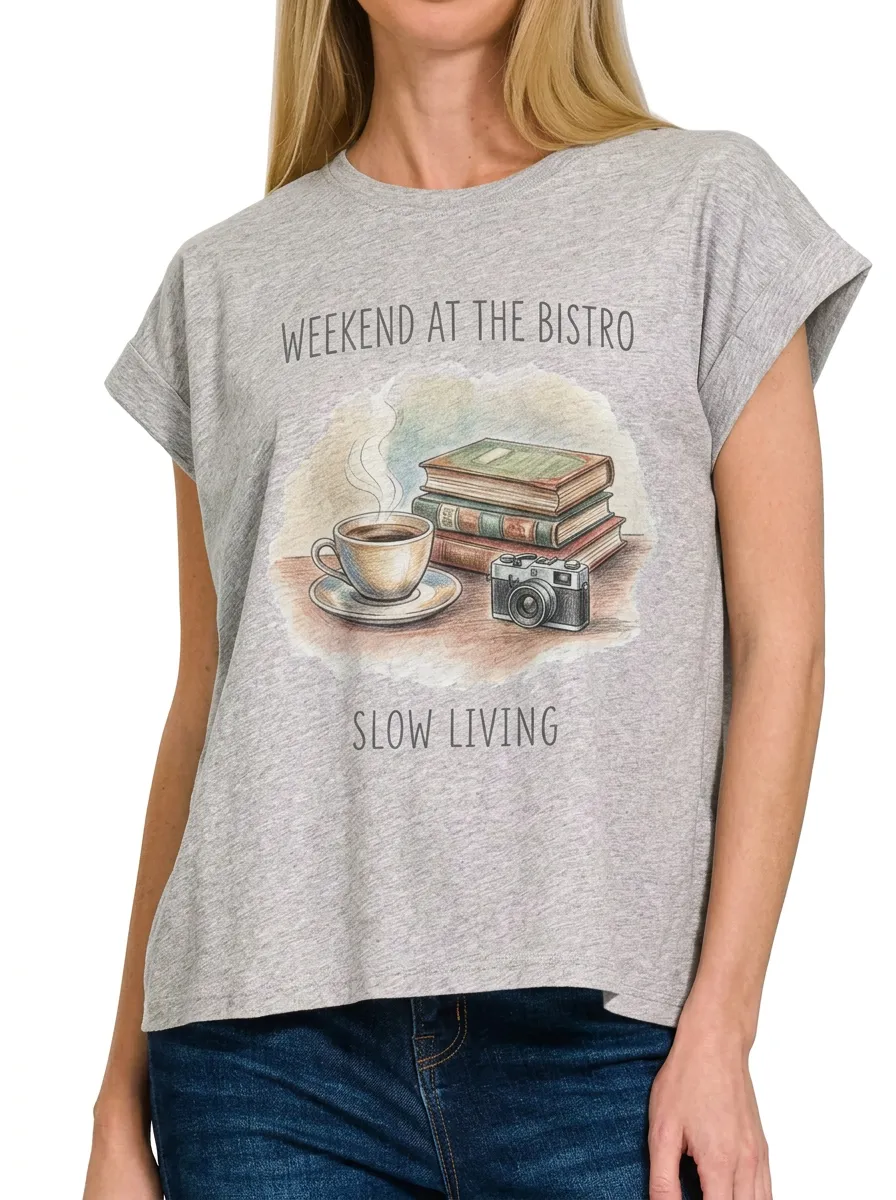 Women's Slow Living Coffee Book Camera Printed T-shirt