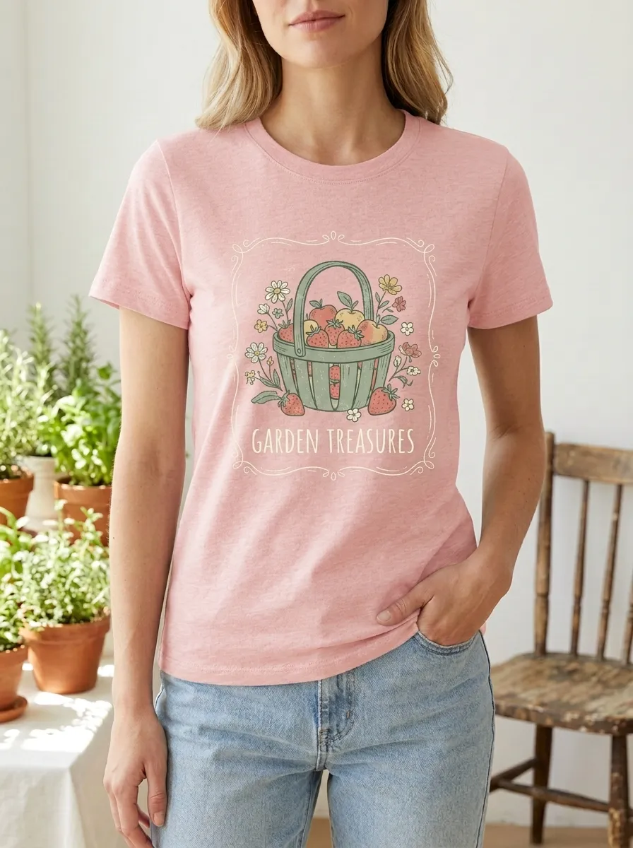 Women's Garden Lover Strawberry Basket Floral Printed T-shirt