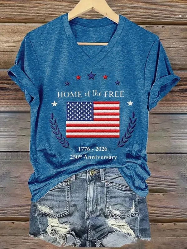 Women'S American 250Th Anniversary Flag V-Neck Short Sleeve Knitted Shirt