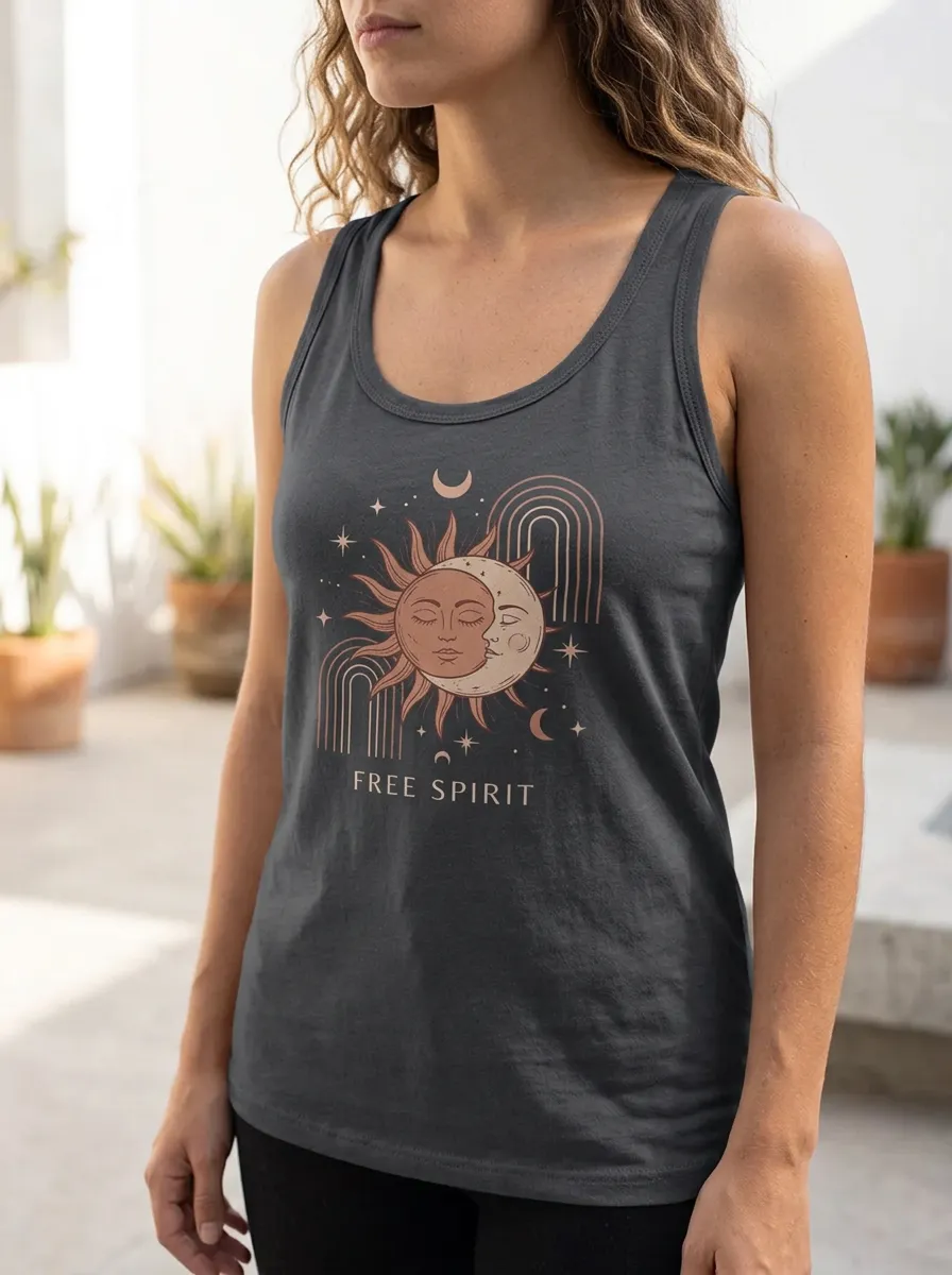 Women's Free Spirit Celestial Sun Moon Rainbow Printed Tank Top