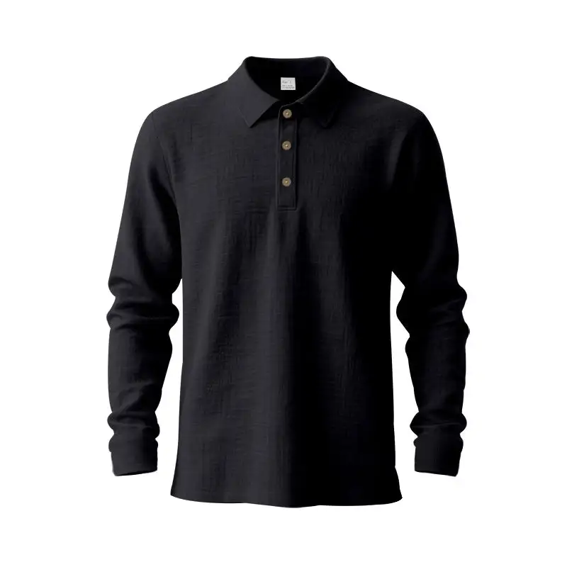 Men's Long-Sleeve Polo Shirt Cotton Gauze With A Shirt Collar Three-button Placket And Relaxed Fit