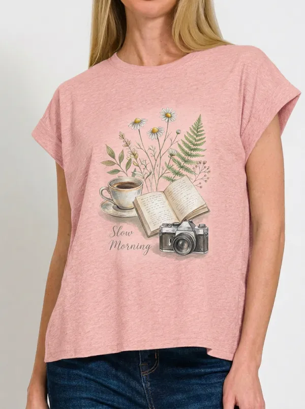 Women's Book Coffee Camera Floral Slow Morning Printed T-shirt