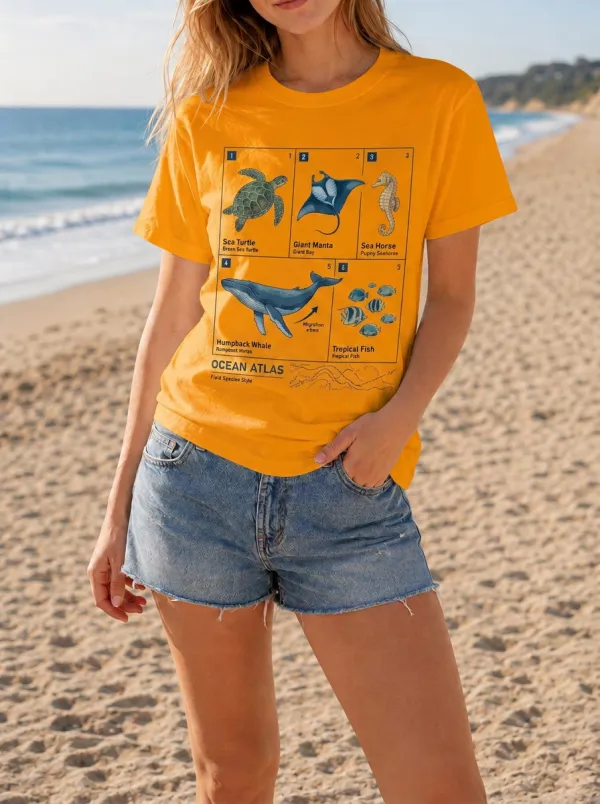 Women's Ocean Life Lover Marine Animal Atlas Printed T-shirt