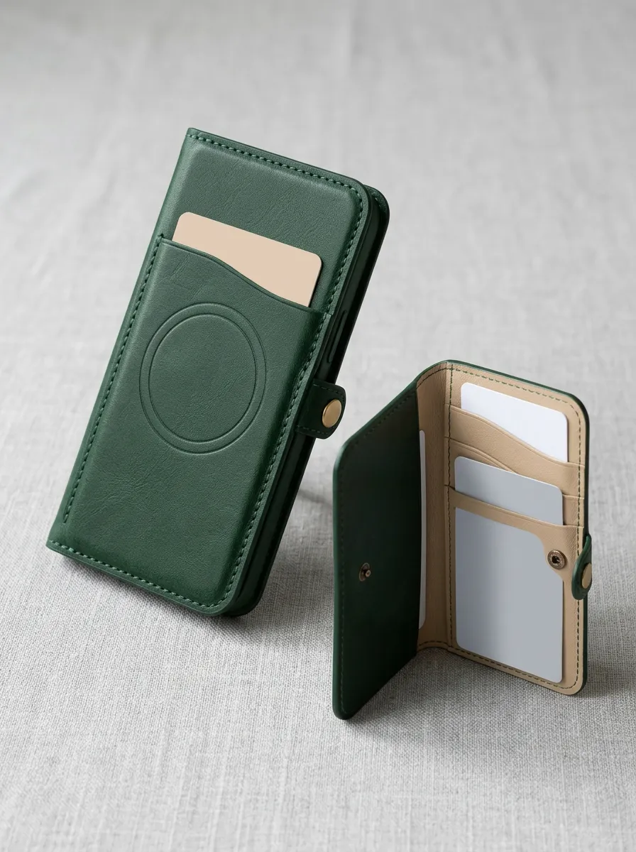 Green Leather Magnetic Phone Card Holder