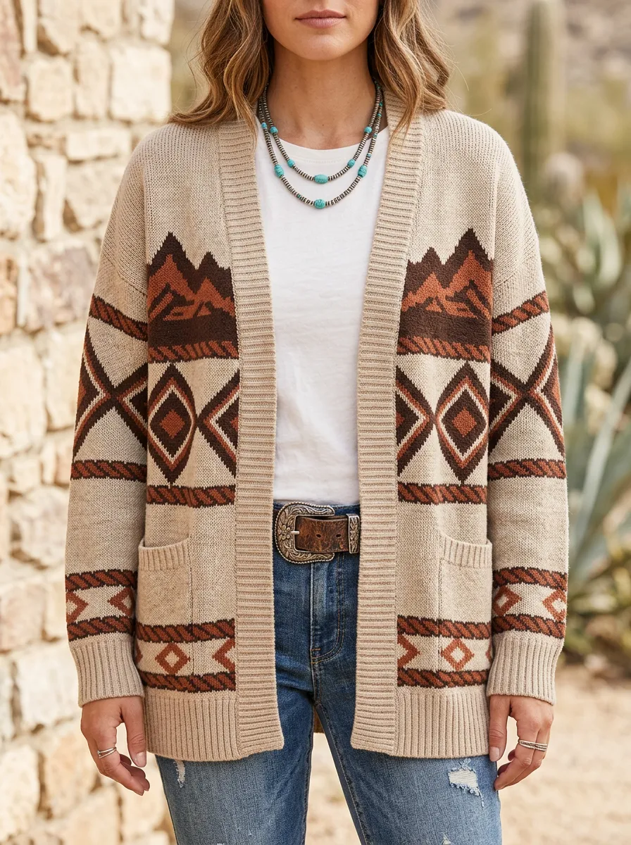 Women's Western B3 Aztec Mountain Pattern Printed Cardigan Sweater